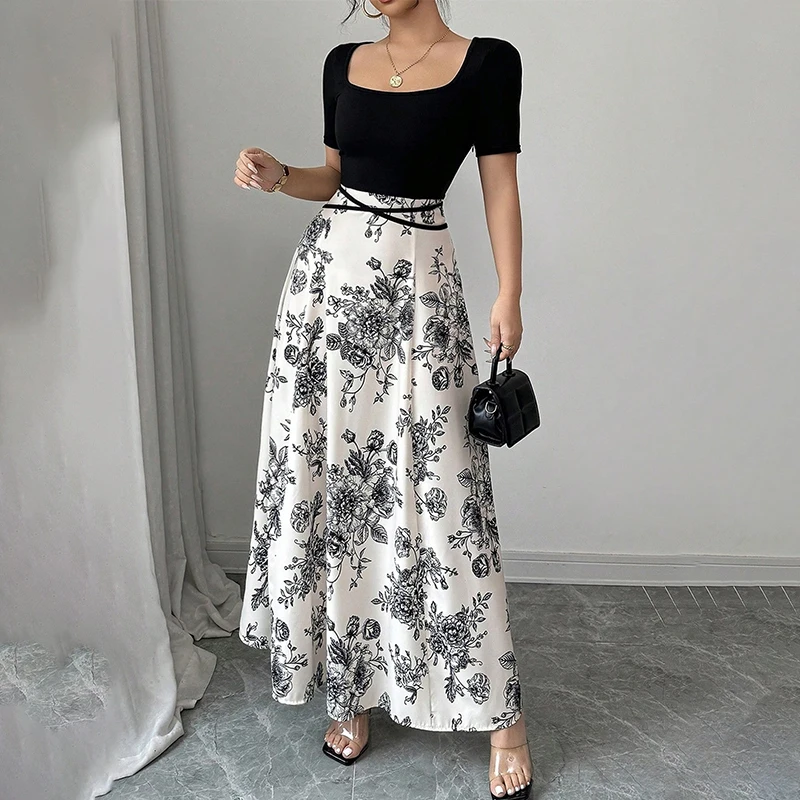 Elegantes Blumenprint-Kurzarmkleid für Damen Stilvolles Tailliertes Maxikleid mit Quadratischem Ausschnitt und Geraffter Taille Vielseitig Kombinierbar