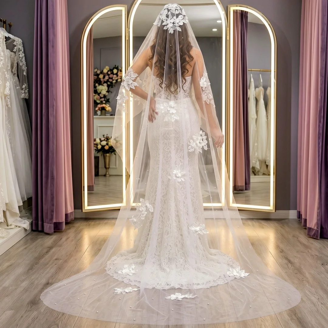 3D Floral Embroidered Bridal Veil Super Fairy Pearl Tulle Cathedral Wedding Veil Bride Photography Accessories Velo De Novia