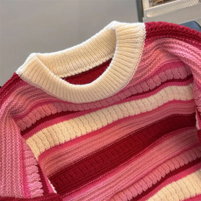 Autumn and Winter New Stripe Fried Dough Twists Long Sleeve Knit Sweater Women's Vintage Lazy Style Versatile Loose Top