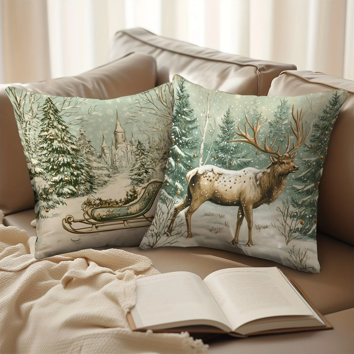 مجموعة غطاء وسادة عيد الميلاد مكونة من 4 قطع - تتميز بتصميمات إكليل الغابات والغزلان والشجرة، مثالية للأريكة والسرير والديكور المنزلي #5