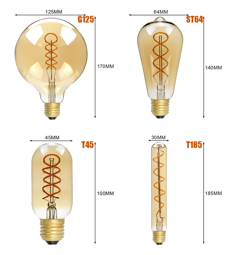 E27 LED-Glühfadenlampe 220V 4W A60 ST64 T45 T185 G80 G95 G125 Retro Vintage Ampullen LED Edison Lampe Spiralbirne für Zuhause – Detail 4
