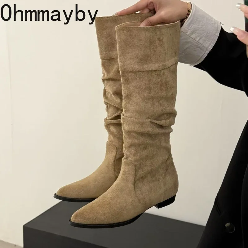 

Винтажные плиссированные женские ковбойские сапоги в стиле вестерн, модные туфли на низком каблуке с острым носком, осень-зима, тонкие длинные Botas Para Mujer