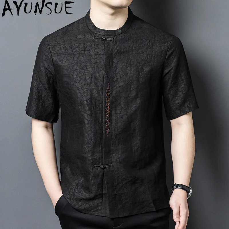 AYUNSUE 100% Mulberry Silk Shirts for Men Short-sleeved Men's Shirts Fashion Casual Stand-up Collar Gauze Silk Man Shirt рубашка