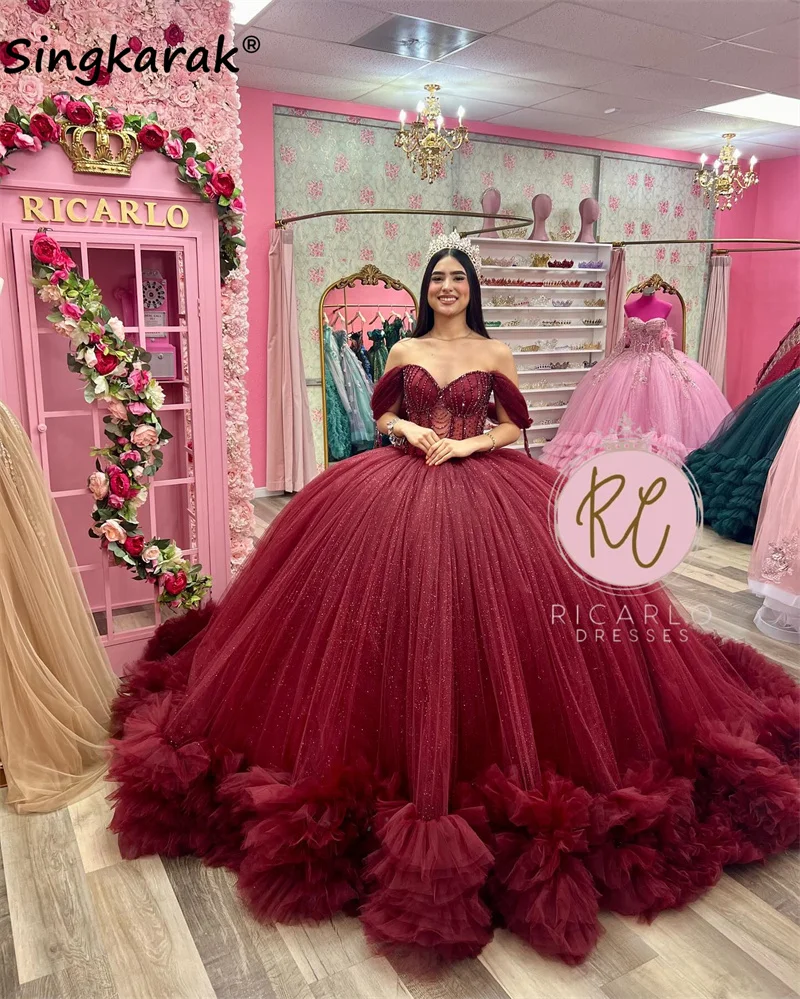 

Luxury Burgundy Princess Quinceanera Dress Beads Crystals Pearls Ball Gown Vestidos De 15 Años Tiered Ruffle Sweet 15th Gown