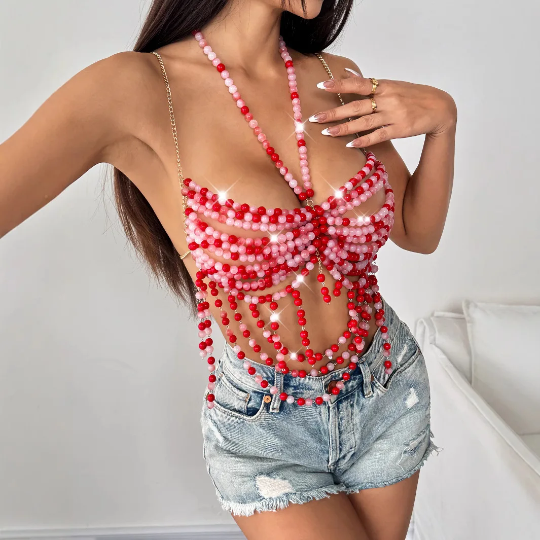 Red Stone Beading Camis Vest Bra Tops Chain Women European Night Club Costume Dance Stripe Summer Sexy Party Female Body Jewelry