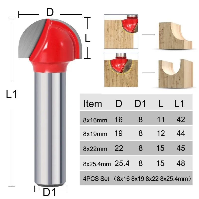 XCAN 1pc 8mm Schaft Ecke Rouding Router Bit 16/19/22/25mm Runde Router bit Holz Trimmen Cutter Radius Holz Fräsen Cutter – Detail 3