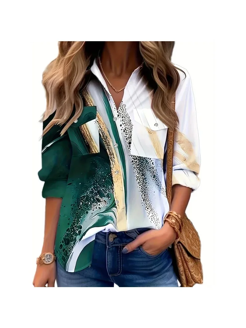 Damska bluzka Plus Size Casual Loose Comfortable Print Long Sleeve Vintage Shirt Blouse Loose Pocket Casual Printed Shirt