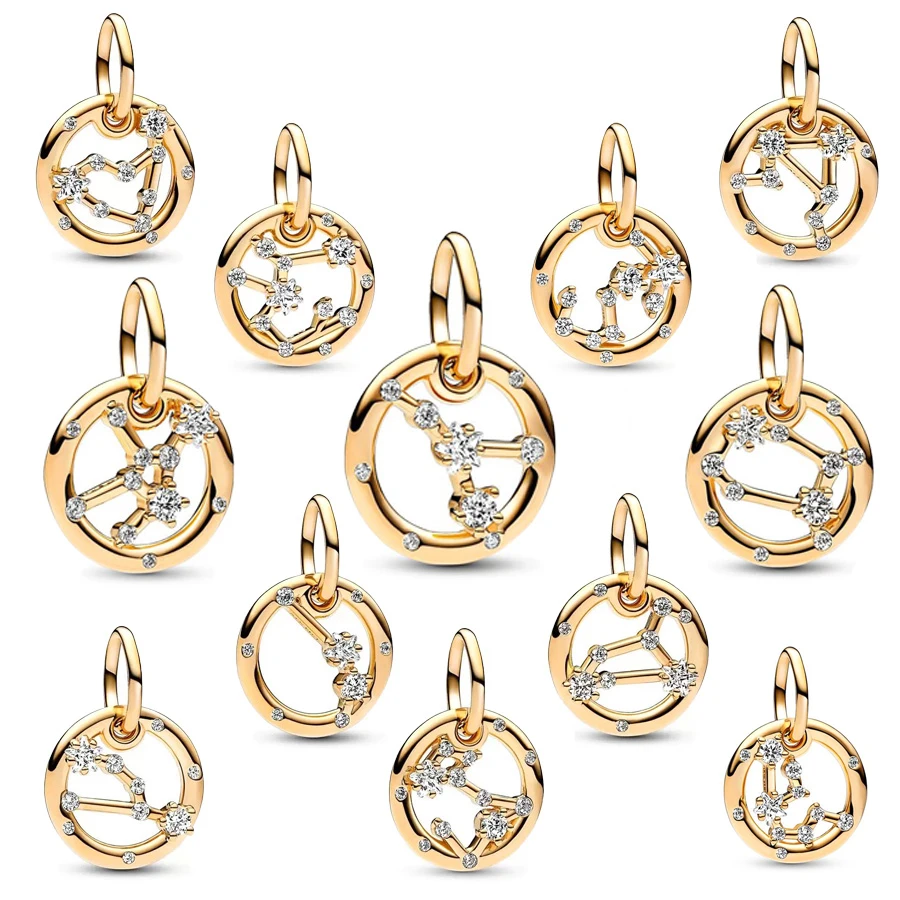 Hot Fine Gold Plated 12 Zodiac Signs Dangle Charm Bead Fit Original 925 Sterling Silver Bracelet Necklace DIY Women Jewelry Gift