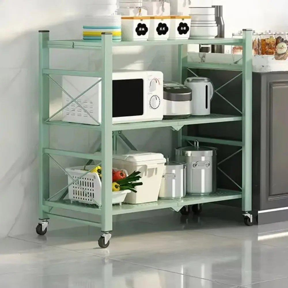 Foldable Large Kitchen Storage Rack, Bookshelf  - Multilayer Iron Frame with Wheels, Movable Multifunctional Display Shelf