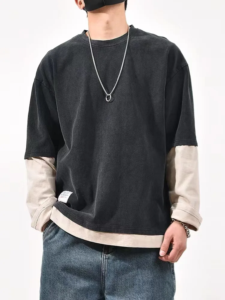 Streetwear Fake Two Sweatshirts Fashion Round Neck Loose Pullover Men Clothing Harajuku Top Hip Hop Casual Clothes