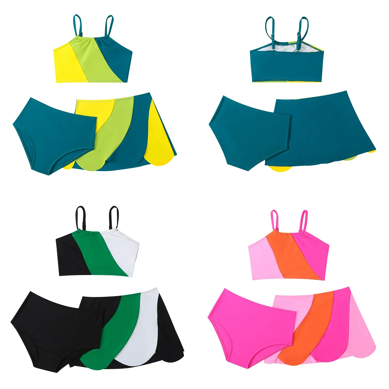 Kids Girls 3 Pieces Swimsuit Beachwear Swim Tank Top Swim Skirt and Briefs Set Swimwear Color Contrast Swimming Bathing Suits