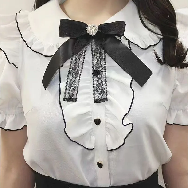 Sweet Lolita Fashion All Match Blouses Women Japanese Summer Y2k Aesthetic Ruffled Bow Shirts Girly Kawaii Off-Shoulder Tops