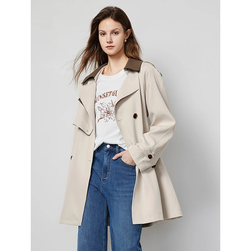 TOYOUTH Women Trench Coat 2024 Spring New Maillard Style Lapel Collar Khaki Single Breasted Button Office Lady Windbreaker Coat