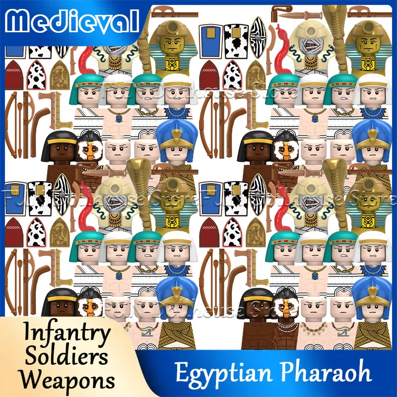 Figuras de Soldados Egípcios Medievais, Acessórios de Blocos de Montar, Múmia, Faraó, Escudo, Lança, Machado, Arco e Flecha do Exército, Brinquedo de Blocos