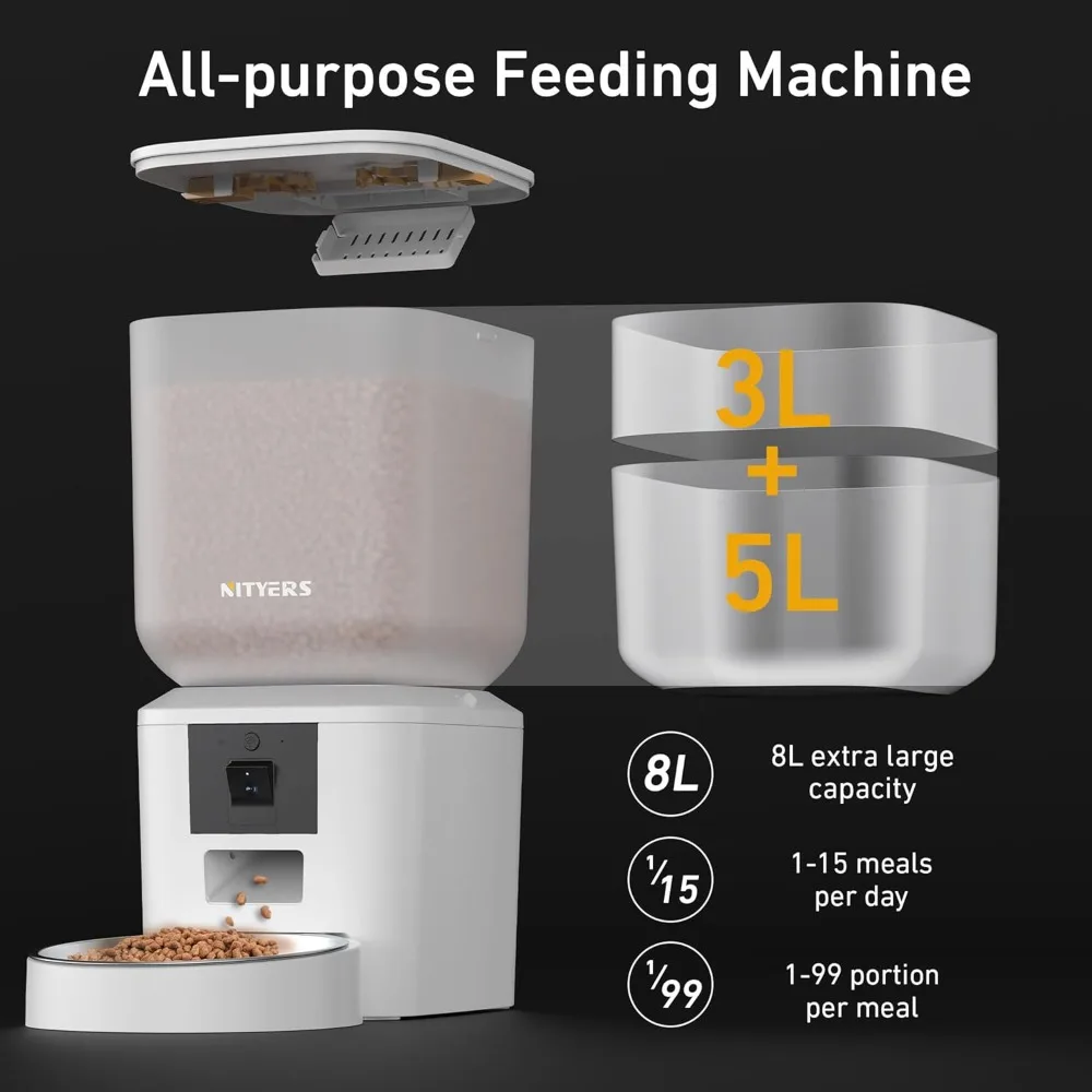 Automatic Dog Feeder with Camera Rotation, 1080P Video with Night Vision, Voice Record, 2-Way Talk,  5G WiFi Auto Cat Feeder