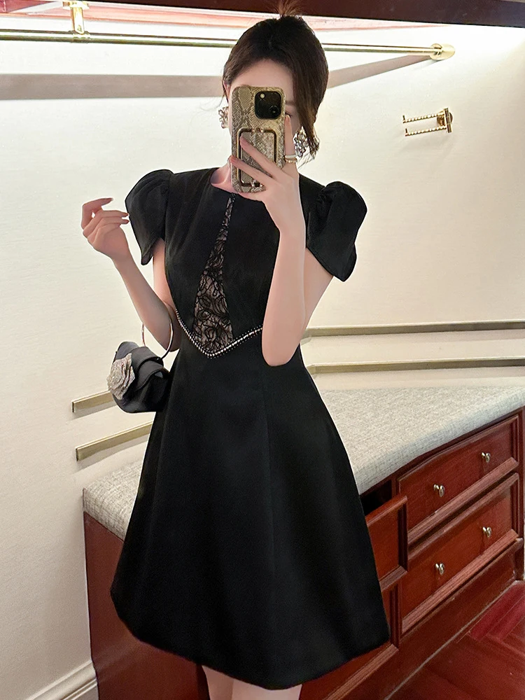 Francês retro elegante mini vestido para mulheres chique preto cetim renda splice vestido curto femme festa bola vestidos senhora roupas de banquete