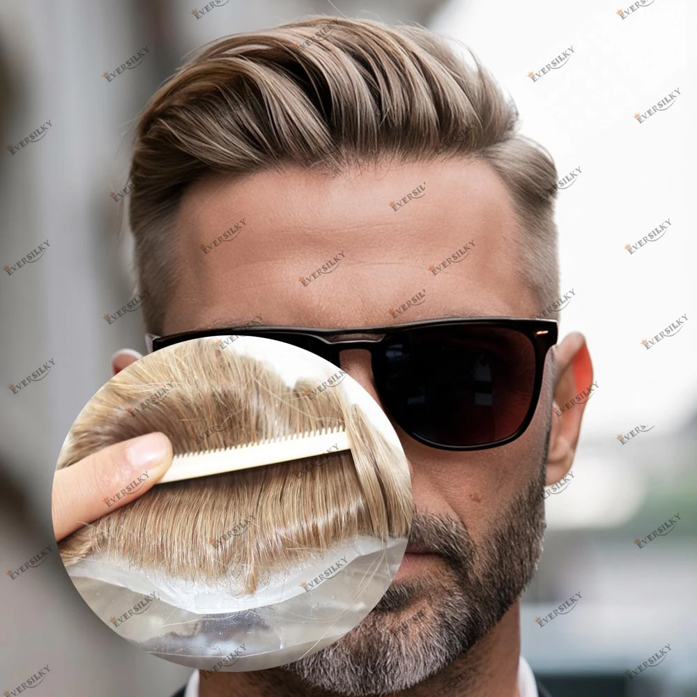 

# 7 # Мужской парик-накладка из натуральных европейских волос, светло-коричневый, с естественной линией роста волос, V-образный, тонкая микроскожа 0.06-0.08 мм, для мужчин с выпадением волос