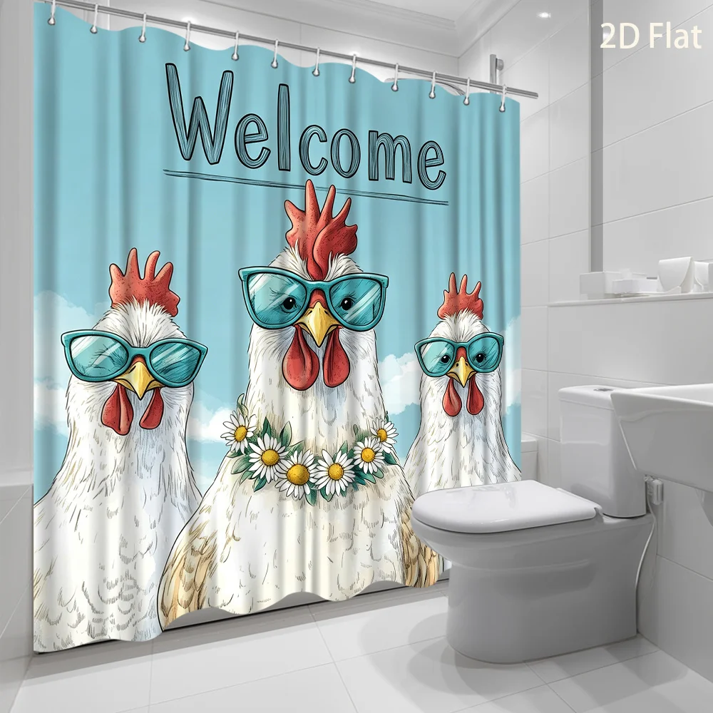 Cartoon Chicken Family Welcome Shower Curtain Waterproof Bathroom Wall Decor Cute Roosters Gift Idea for Unique Home Bathroom Ac