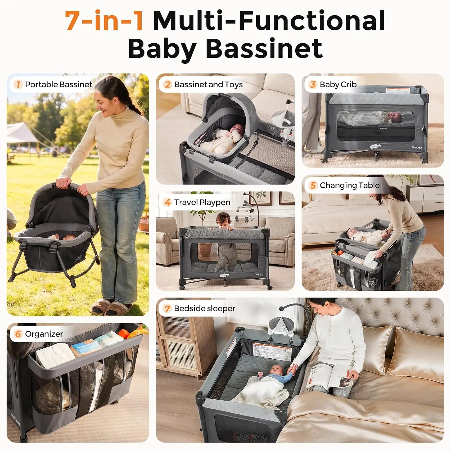 Pack and Play with Bassinet - 7 in 1 One-Step Setup Bedside Crib, Portable Playpen, Travel Crib, Baby Playard with Diaper