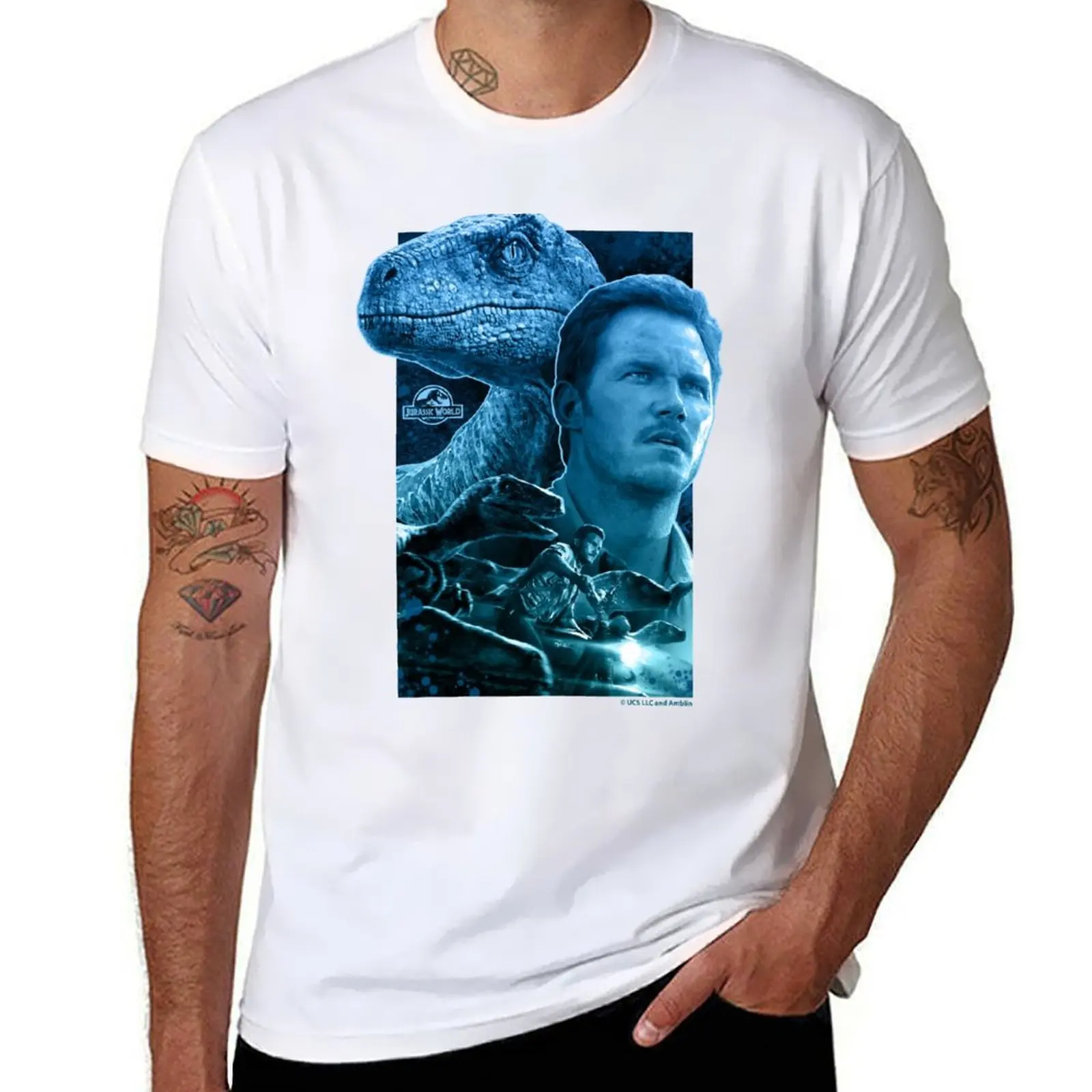

Blue and Owen Grady - Jurassic World characters art T-Shirt t shirts for man graphic tees cotton tshirt 100% T-Shirt