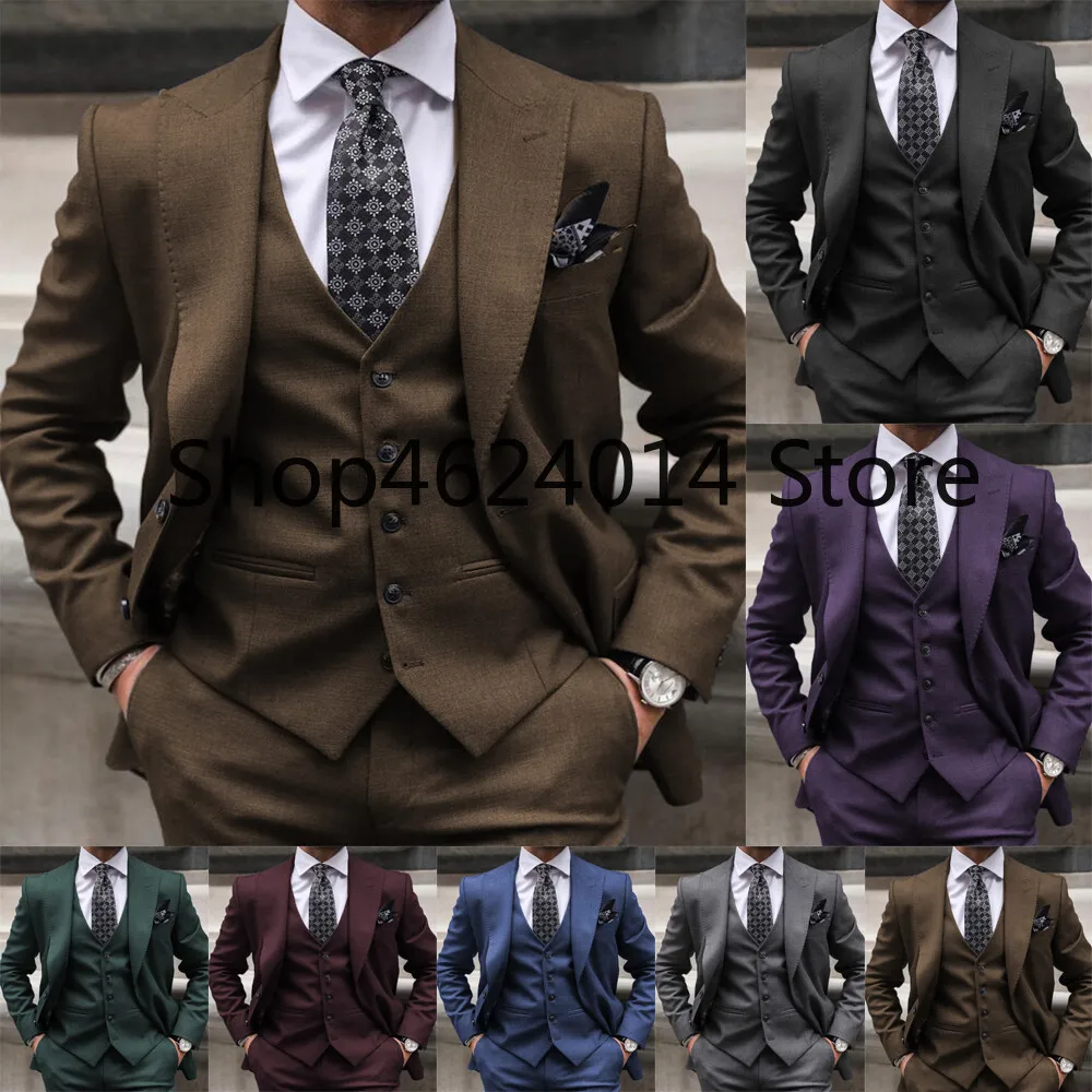 

3 Pcs Men Suits Wedding Groom Formal Business Peak Lapel Best Men Tuxedos