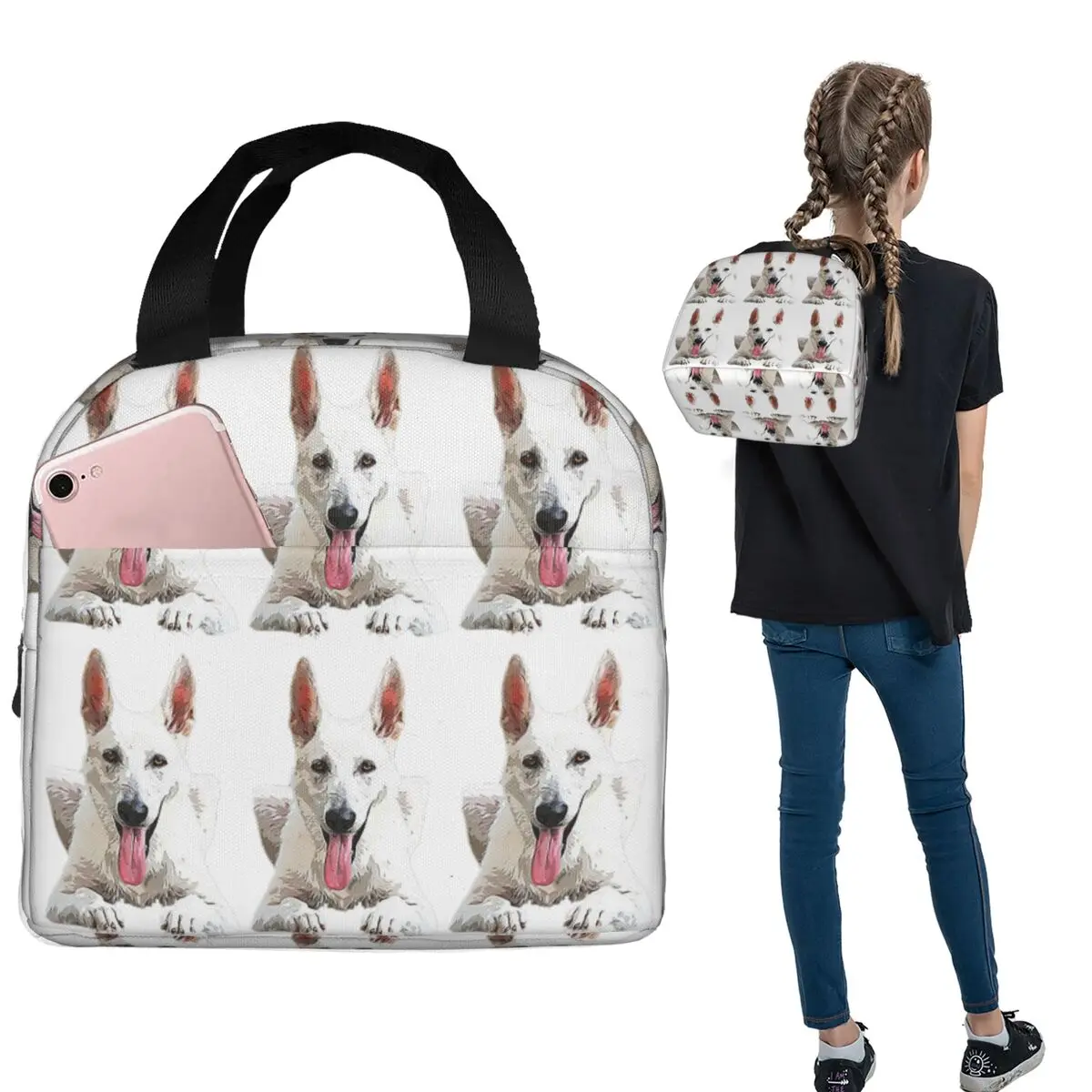 White Swiss Shepherd White German Shepherd Insulated Lunch Bag for Women Children Portable Food Boxes Thermal Lunch Box Tote