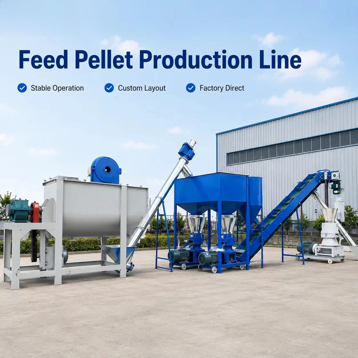 1-2TPH Animal Feed Mill Plant Chicken Cattle Sheep Pellet Production Equipment Automatic Packing System