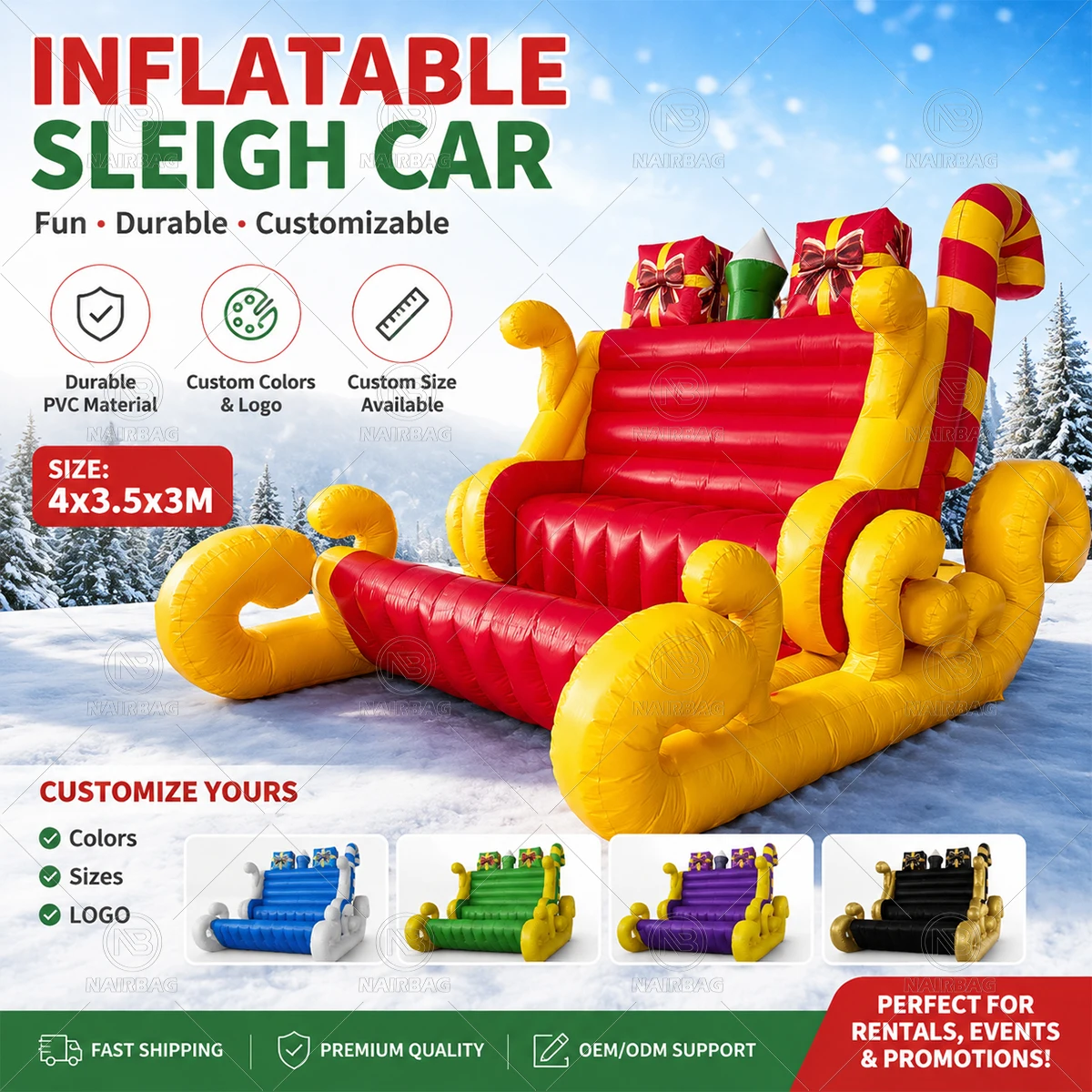 Giant Christmas Sleigh Car Photo Booth Prop 4*3.5*3m PVC Holiday Sled Decor For Event Rental Mall Outdoor Yard Xmas Decoration