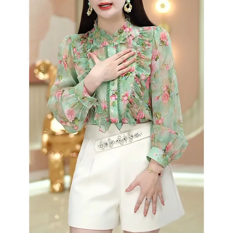 Blusa con bordado de encaje y volantes para mujer, camisa holgada con manga farol, Estilo Vintage, elegante, para otoño, 2023