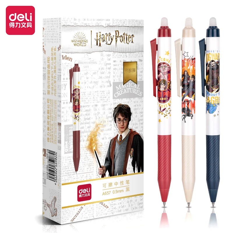 Deli-bolígrafo de Gel borrable de Harry Potter, suministros de oficina, material escolar, papelería de alta calidad, tinta negra, 3 piezas, 0,5mm