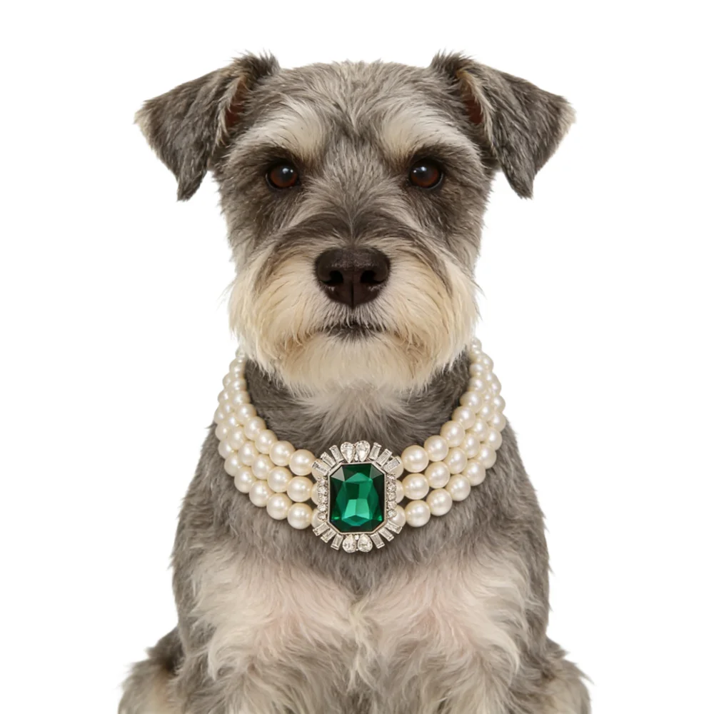 

Dog Cat Pearls Necklace Collar with Bling Emerald Crystal Accessories Decor Pet Puppy Jewelry for Female Doggies Kitten
