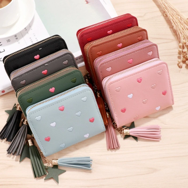 PU Leather Small Wallet Mini Card Bag Coin Purse Tassel Zipper Outdoor Portable Hand Wallet Girls Lovely Wallet Purse