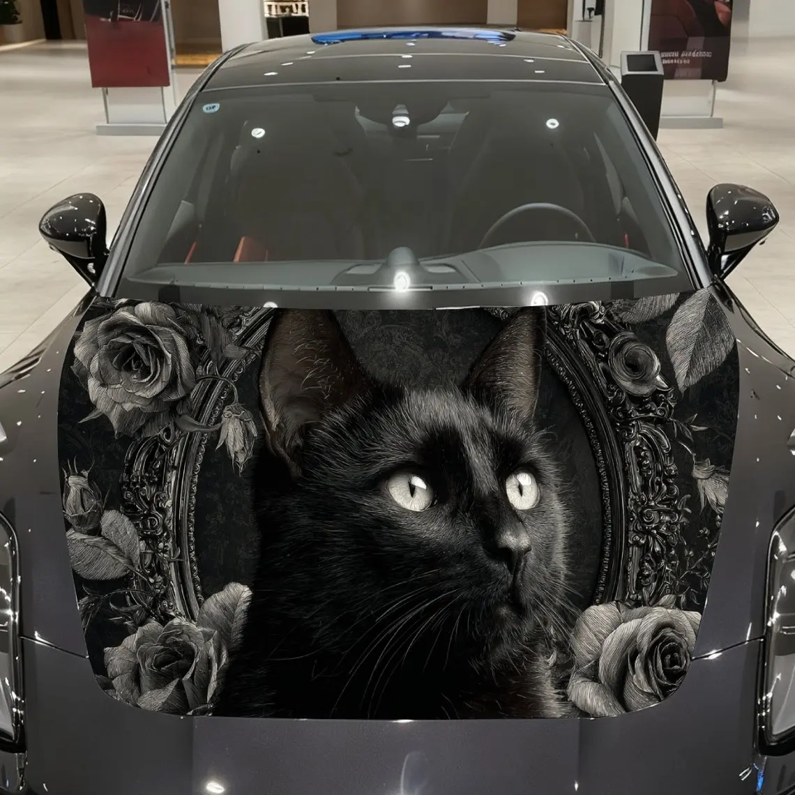 Gothic Black Cat & Dark Roses Car Vinyl Wrap, PVC Material Waterproof Car Hood Sticker, Self-Adhesive Scratch-Resistant Stickers