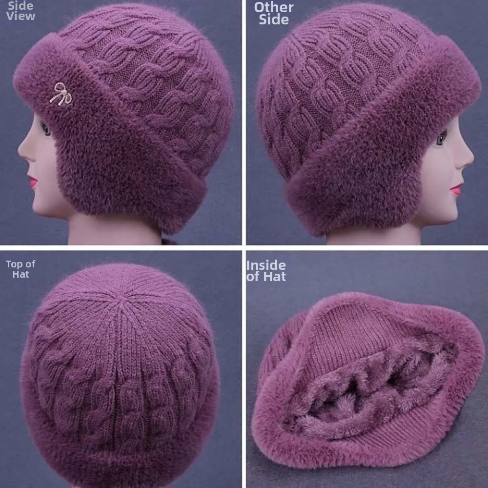 Thickened Winter Knit Hat Elastic Soft Yarn Fleece Lined Beanie Solid Color Ear Flaps Elderly Mother Bonnet Middle Aged