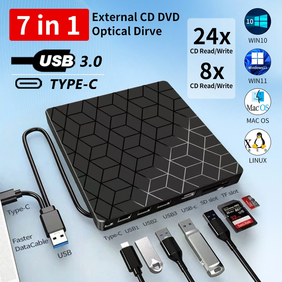 7 in 1 External DVD Burner USB 3.0/Type-C DVD Optical Drive Recorder Player CD DVD Player Portable Reader For Desktop Laptop PC