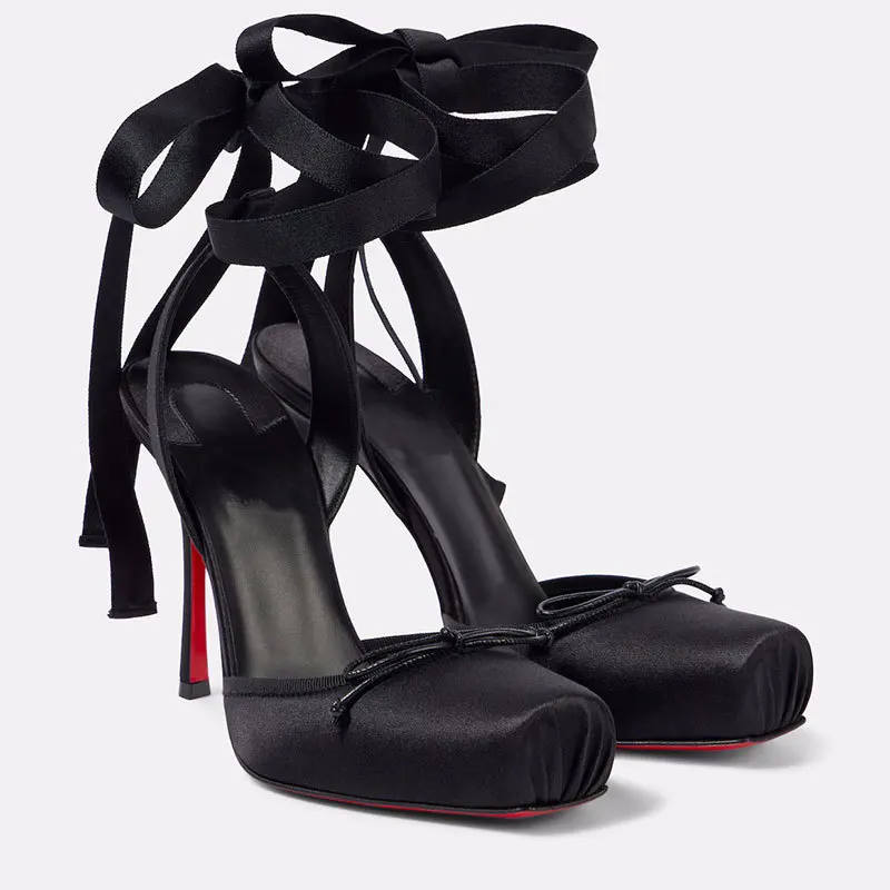 European and American new ankle strap satin women's shoes bow ballet dance shoes red plus size outdoor high heels