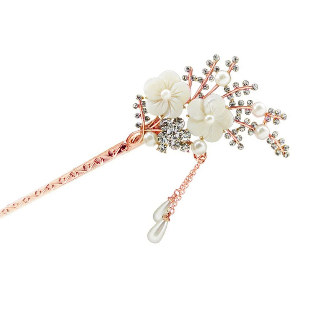 Metal Alloy Hair Pin Rhinestone Barrettes Pearl Clip Chinese Stick Retro Chopstick Flower