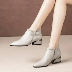 Pointed Toe Beige Square Heel Women Boots 2024 Fashion Butterfly-knot Ankle Boots Zipper PU Leather Rubber Zapatos Mujer