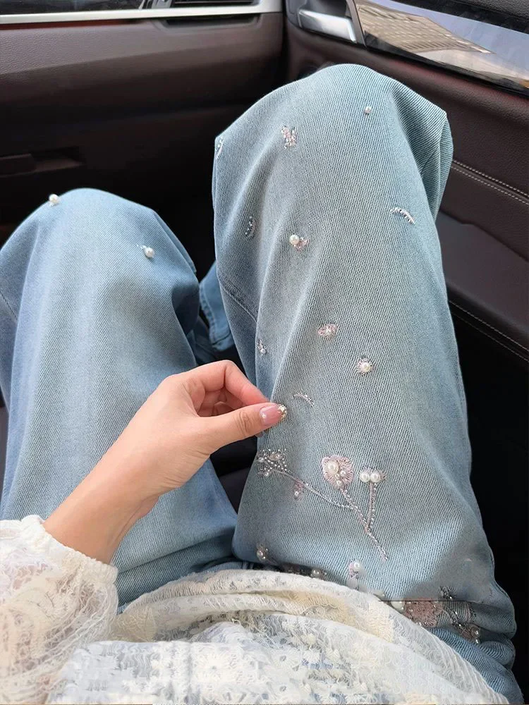 

Женские прямые джинсы большого размера с цветочной вышивкой летом 2023 года, высокая талия, длина до пола, широкий дизайн