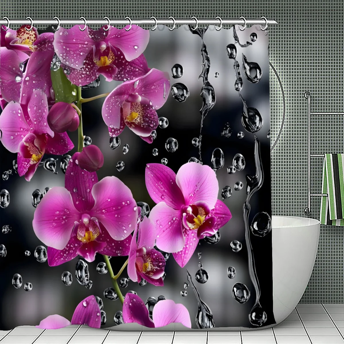1pc Pink Orchid with Waterdrops Shower Curtain, Bathroom Decor, Multi-Size Options (120X180Cm, 150X180Cm, 180X180Cm, 180X200Cm,