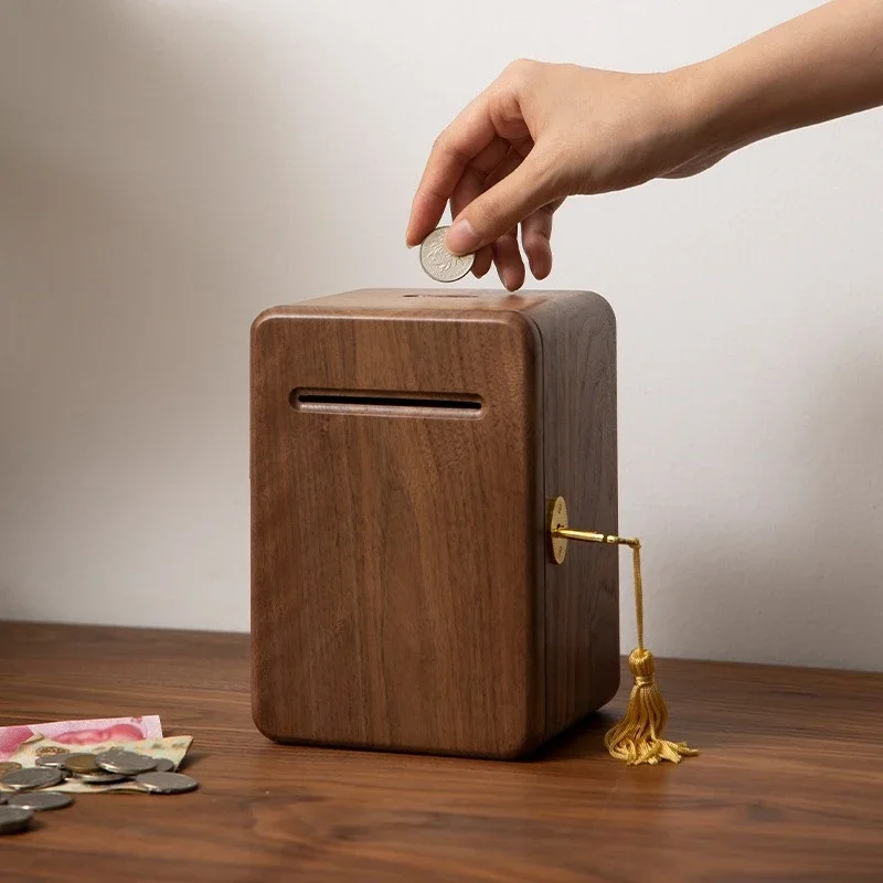 Creative Money Boxes Walnut Wood Piggy Bank with Lock Children's New Year's Gift Multifunctional Home Decoration Ornaments