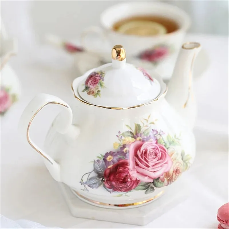 Noble Ceramic Teapot 500ML Teacup 120ML Pink Camellia Coffee Pot Home High Grade Porcelain Kettle Jug Party Cafe Teaware Tea Pot