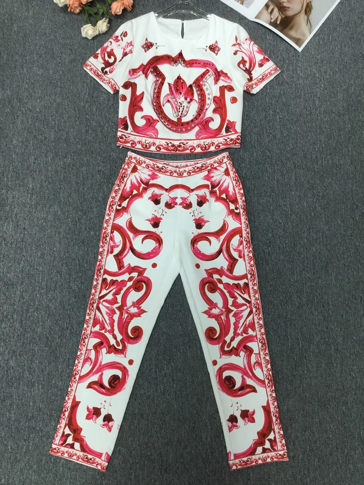 JUNLINNA Sweet Women Two Piece Set Summer Fashion Rhinestone Beading T-shirt+Trousers Red Porcelain Printing Pants Suit