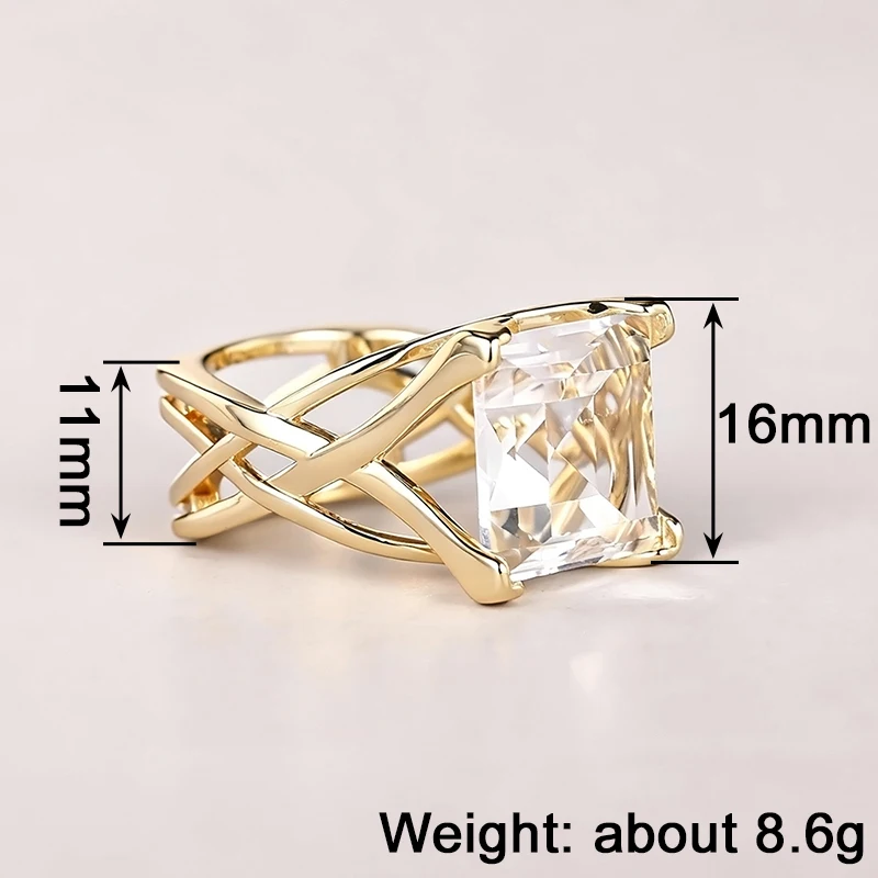 Huitan Ring mit hohlem Kreuz-Design für Damen, goldfarben, mit leuchtend weiß/blauem CZ, modisches Hochzeitszubehör, eleganter Partyschmuck – Detail 1