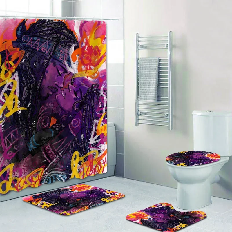 4 Pcs Afro Black Girl Shower Curtain Set Waterproof Fabric Bath Curtain Graffiti Non-Slip Bath Mat Toilet Lid Cover Decor