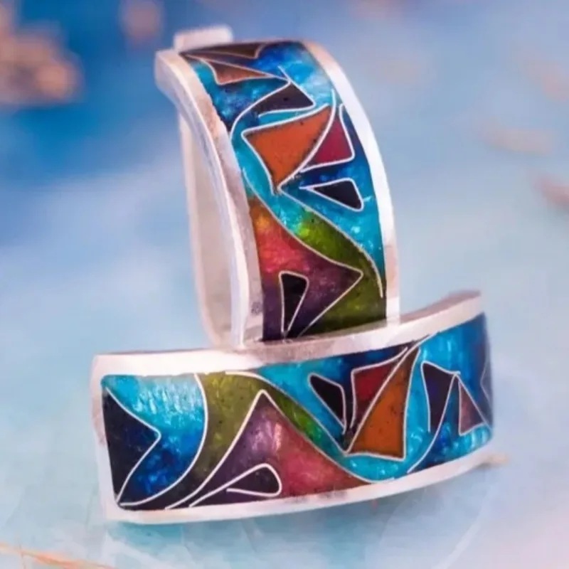 Ethnic Silver Color Enamel Hoops Earrings Woman Geometry Carving Party Daily Wear
