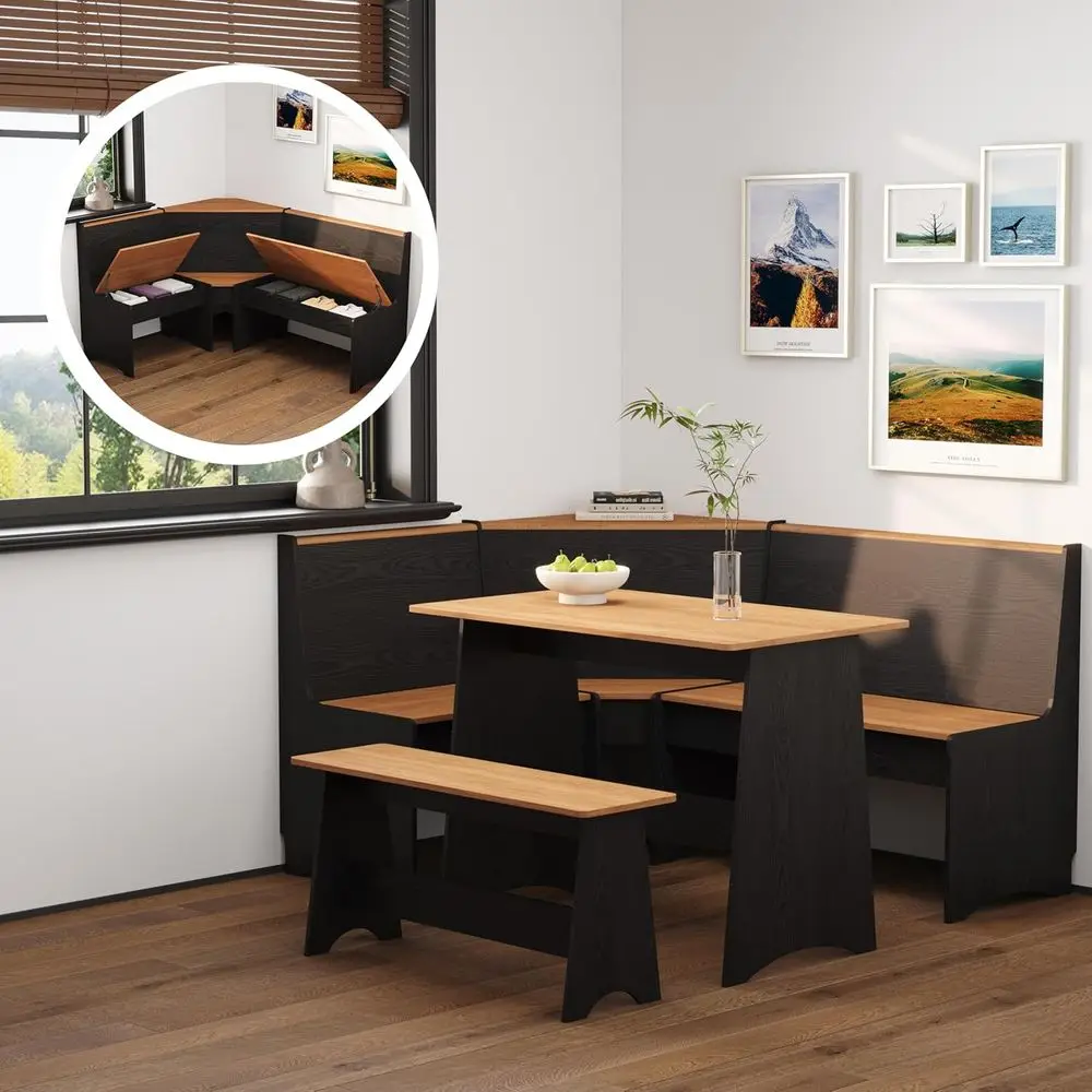 

Mid-Century Modern Corner Breakfast Nook Set with Storage, Black and Natural Finish