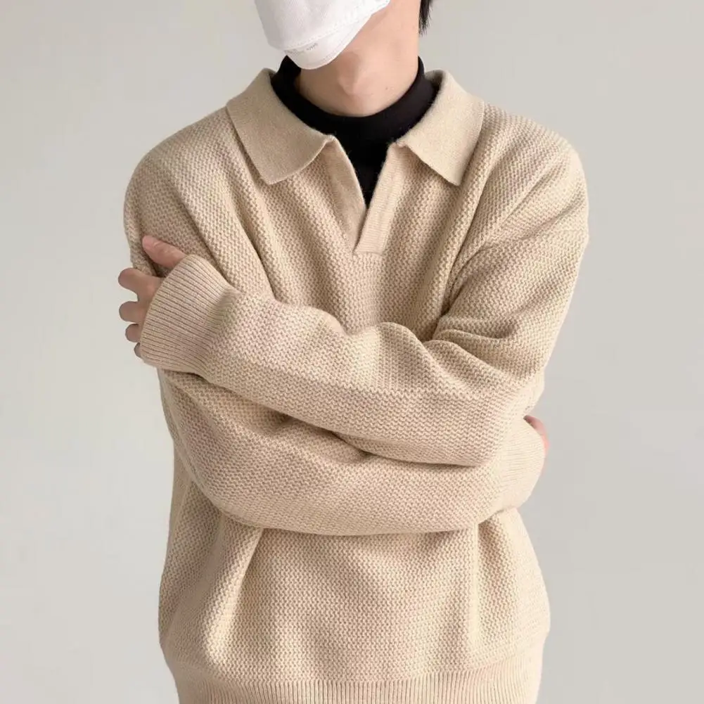 Men Loose Fit Knitted Sweater Lapel Long Sleeve Knitting Pullover Tops Autumn Winter Solid Color Knitwear Streetwear