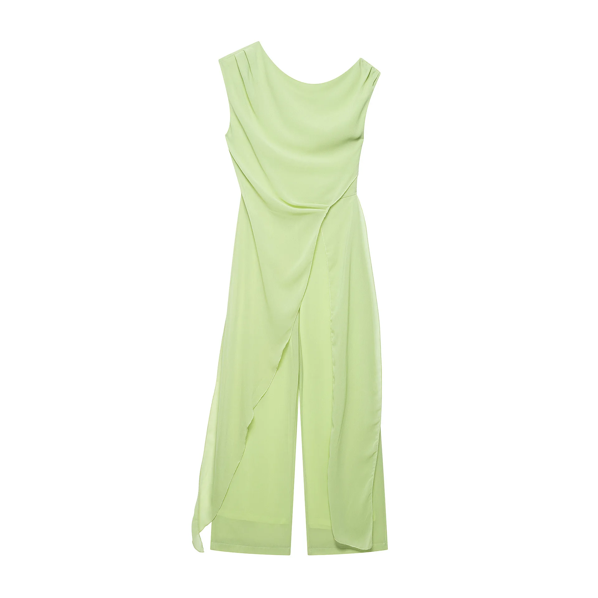 New Women Elegant Draped Asymmetric Shoulder Jumpsuit Solid Sleeveless Straight Leg Chiffon Jumpsuit Office Daily Party Summer