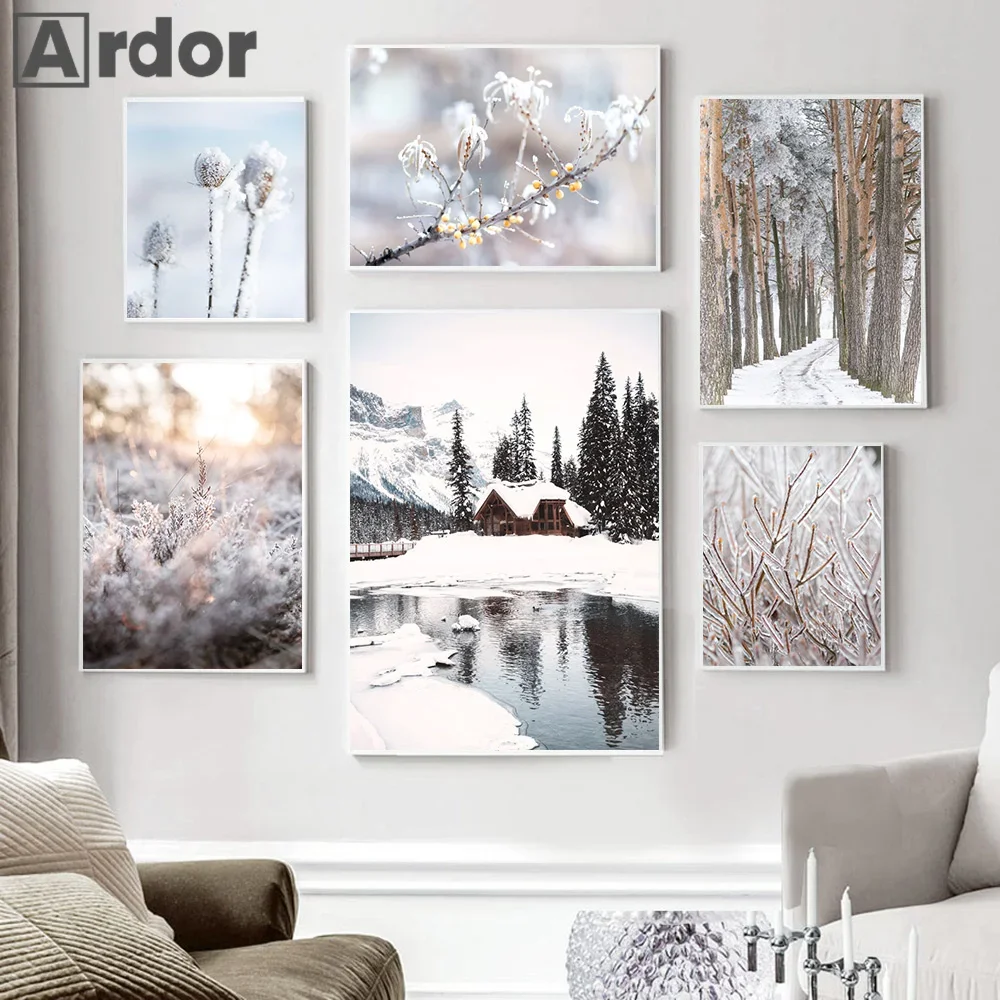 Hill Lake Winter Snow House Grass Flower Tree Posters and Prints Wall Art Canvas Painting Nordic Wall Pictures Living Room Decor